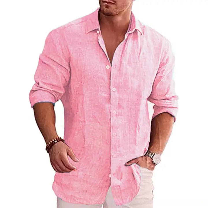 Camisa de manga larga para hombre talla grande estilo casual de algodón y lino color sólido camisa de otoño popular - 1