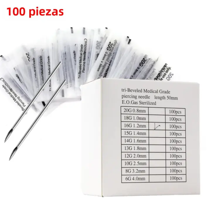 100PCS/Box Agujas De Tatuaje Desechables En Acero Inoxidable 316 Para Ombligo Pezón Oreja Nariz Labios Kit De Suministros De Tatuaje 12g/13g/14g/16g/18g - 1