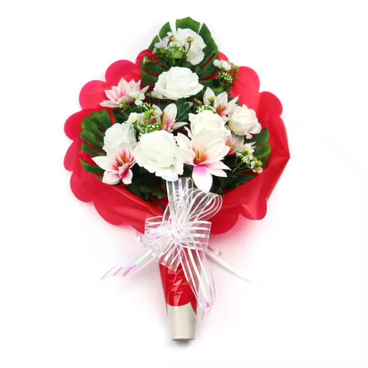 Ramo de Flores Artificiales de Tela para Cementerio arcoirsl - Composición de Rosa Dalia Blanca - Medidas 65 X 45 cm aprox - Ideal para Todos los Santos - Resistente a Intemperie y Duradero - Disponible con Envoltorio en Varios Colores - 1