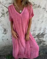Falda Casual De Verano Manga Larga Cuello V Color Sólido Algodón Y Lino Ajuste Suave Vestido Midi Para Mujer - details 5