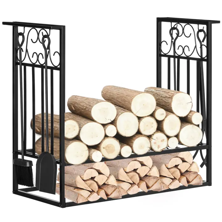HOMCOM Estante para Leña de Chimenea 75x30x60 cm Soporte para Leña Tradicional Portaleña de Diseño Vintage con 4 Herramientas Base Elevada Carga Máx. 100 kg Acero para Interior y Exterior Negro - 1
