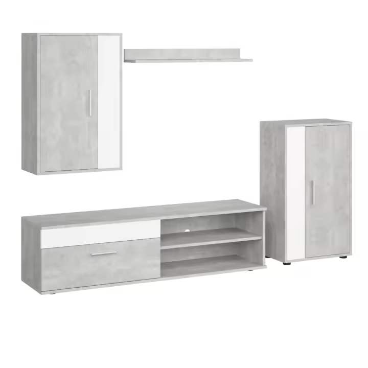 Kolm Mueble TV, 2 Módulos y Estantería Blanco y Gris Cemento - Muebles de salón en Melamina 2.3m x 1.8m - 1