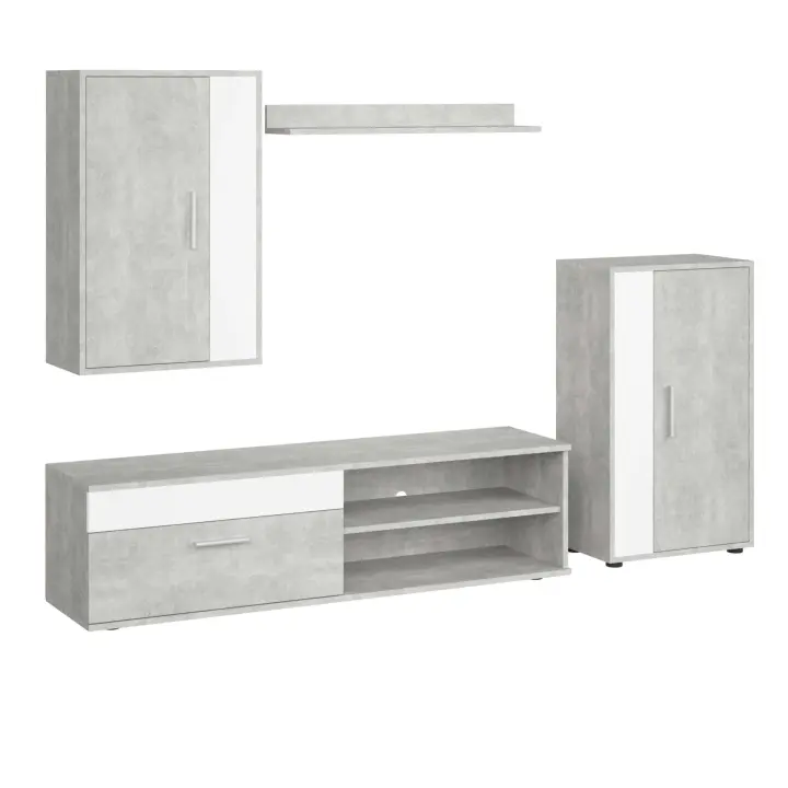 Kolm Mueble TV, 2 Módulos y Estantería Blanco y Gris Cemento - Muebles de salón en Melamina 2.3m x 1.8m - 1