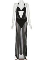 Vestido Bodycon De Verano Para Mujer Con Halter See through Y Faldas Internas Estilo Playa Sexy Y Club Manga Sin Mangas Cierre Pullover - details 2