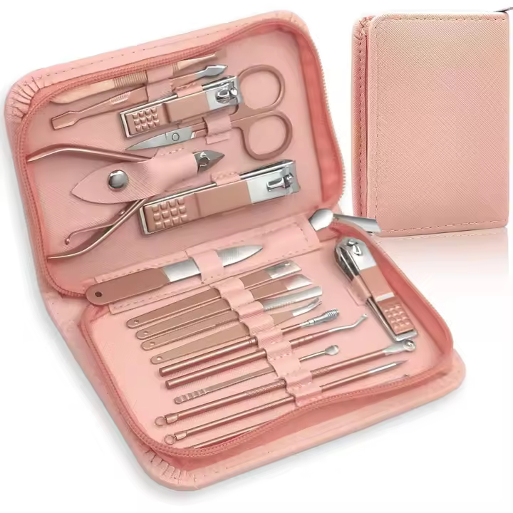 Set de manicura, cortaúñas profesional, kit de herramientas de cuidado de pedicura con bolsa con cremallera para mujeres - Kit de herramientas de aseo 18 en 1 para viajes y hogar (ORO ROSA) - 1