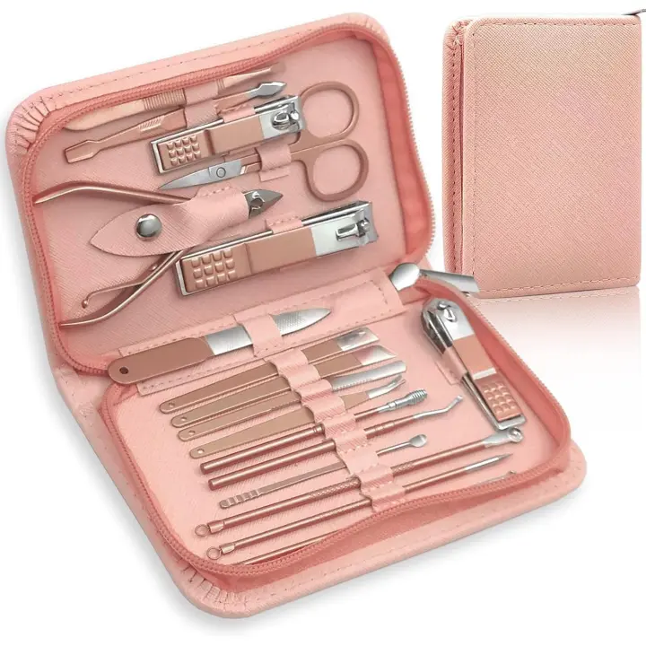 Set de manicura, cortaúñas profesional, kit de herramientas de cuidado de pedicura con bolsa con cremallera para mujeres - Kit de herramientas de aseo 18 en 1 para viajes y hogar (ORO ROSA) - 1