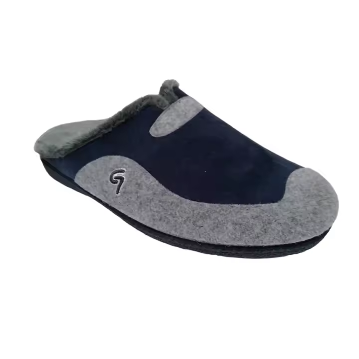 GARZÓN Mod.11460 Zapatillas de casa para hombre fabricados en paño en color gris y azul, forro interior de pelo, plantilla almohadillada, suela de caucho natural. - 1