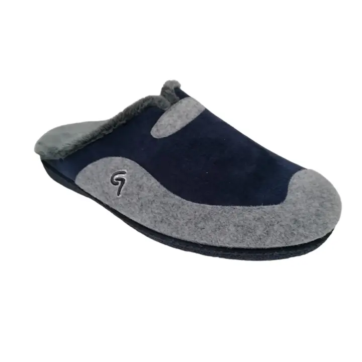 GARZÓN Mod.11460 Zapatillas de casa para hombre fabricados en paño en color gris y azul, forro interior de pelo, plantilla almohadillada, suela de caucho natural. - 1