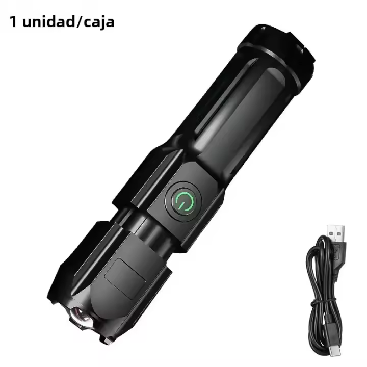 Linterna Táctica LED Recargable USB 18650 Impermeable Con Zoom Para Pesca Caza Y Camping 100,000 Lumens Color Negro - 1