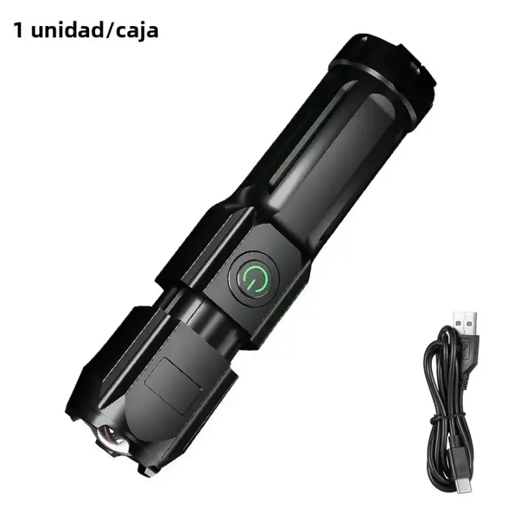 Linterna Táctica LED Recargable USB 18650 Impermeable Con Zoom Para Pesca Caza Y Camping 100,000 Lumens Color Negro - 1