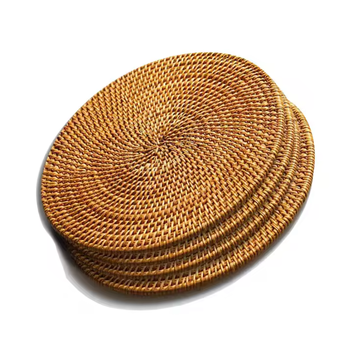 Salvamanteles de ratán para platos, almohadillas aislantes, soporte duradero para ollas, posavasos, ollas, sartenes y teteras, tapetes de madera natural resistentes al calor para cocina, juego de 4, redondos de 7,08" - 1