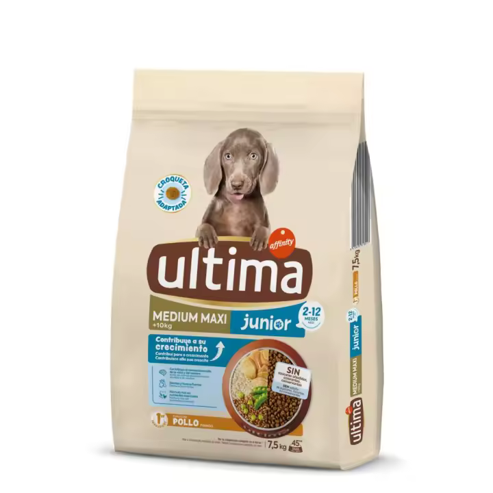 Ultima Medium-Max Junior con Pollo, Verduras, Arroz y Cereales Integrales. Comida Seca para Perros, Huesos y Articulaciones Fuertes, un Paquete de 7,5kg - 1