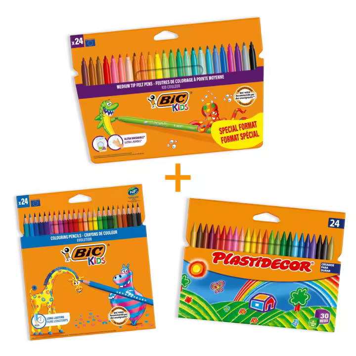 BIC Pack Coloreado - Set de 24 lápices de colores Evolution, 24 ceras Plastidecor y 24 rotuladores lavables Kid Couleur - 1