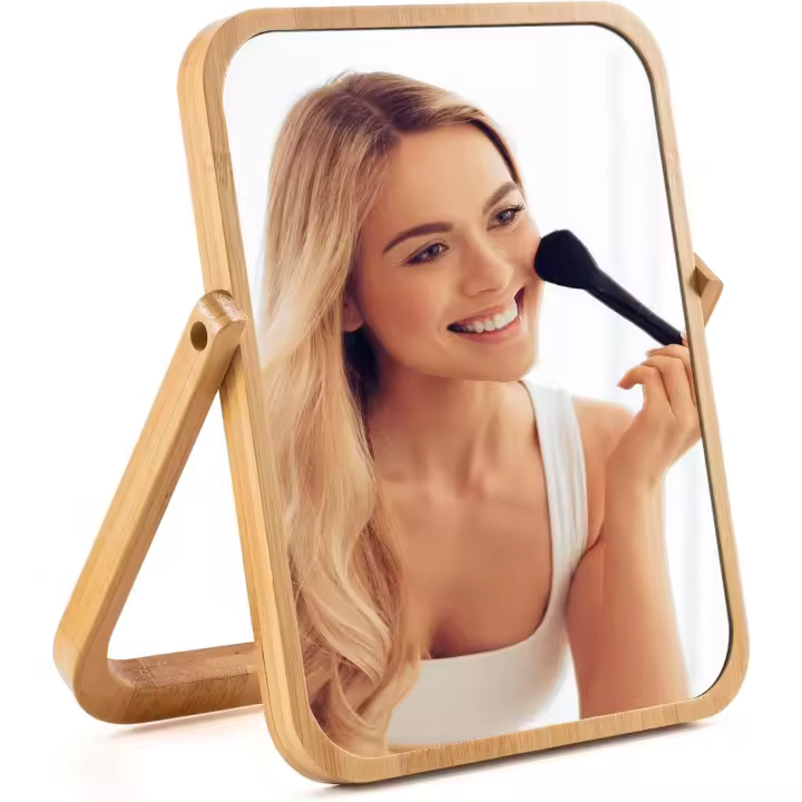 Espejo de tocador de bambú, espejo de maquillaje de escritorio HD, espejo de tocador de pie, espejo giratorio de 360°, espejo de viaje plegable portátil para maquillaje, afeitado, tocador, escritorio (bambú) - 1