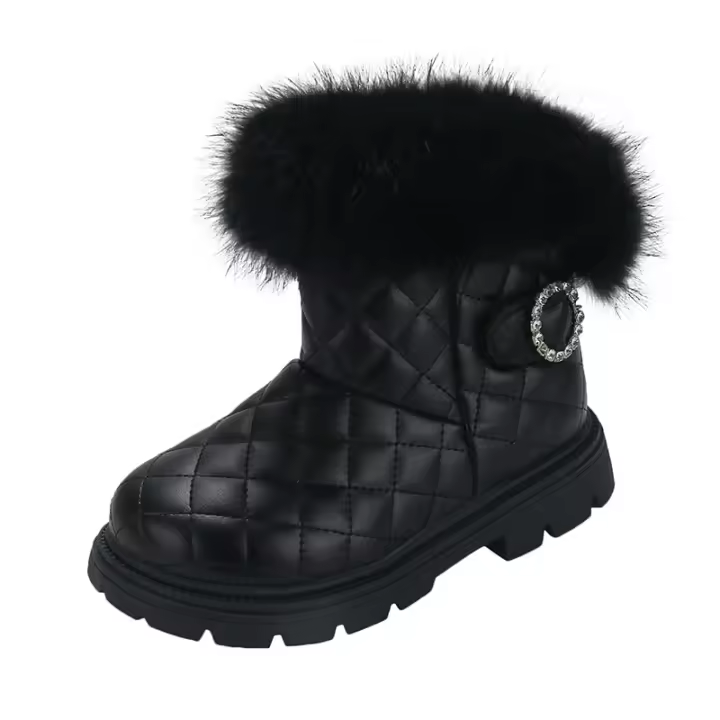 Botas De Invierno Para Niñas De Moda Con Pelo De Pluma Grueso Y Cálido Color Sólido Botas Cortas Para Niñas Estilo Británico Con Cierre SLIP-ON Talla Verdadera - 1