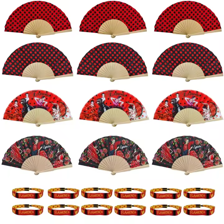 Pack 12 Abanicos Flamencos de Bambú y Tela + 12 Pulseras Bordadas | 4 Modelos | Souvenir España | Regalos Fiesta Temática, Despedida de Soltera, Feria Andaluza, Evento Flamenco - 1