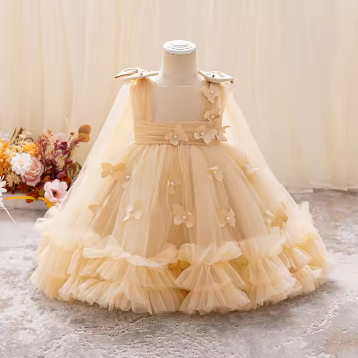 Vestido De Princesa Para Niñas Sin Mangas Vestido De Boda De Malla Con Mariposa Tridimensional Vestido De Cumpleaños De Fiesta De Noche Para Bebés De 1-5 Años - 1