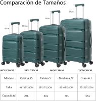 Maletas de viajes color verde, Equipaje de Mano, Maleta de Cabina para avión ligera y Rígida de Polipropileno con 4 Ruedas Dobles 360° y Cierre de seguridad, Maletas de Viaje varios tamaños para niño y adulto - details 1