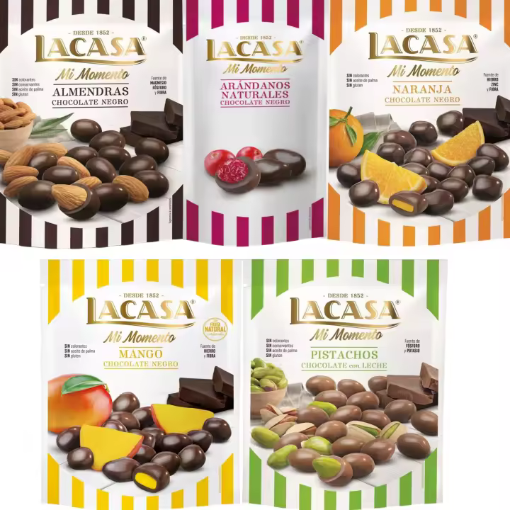Lacasa Mi Momento pack de 5:Arándano choco Negro 60G,Almendra choco Negro 125G,Naranja choco Negro 125G,Pistacho Leche 100G,Mango choco Negro 115G - 1