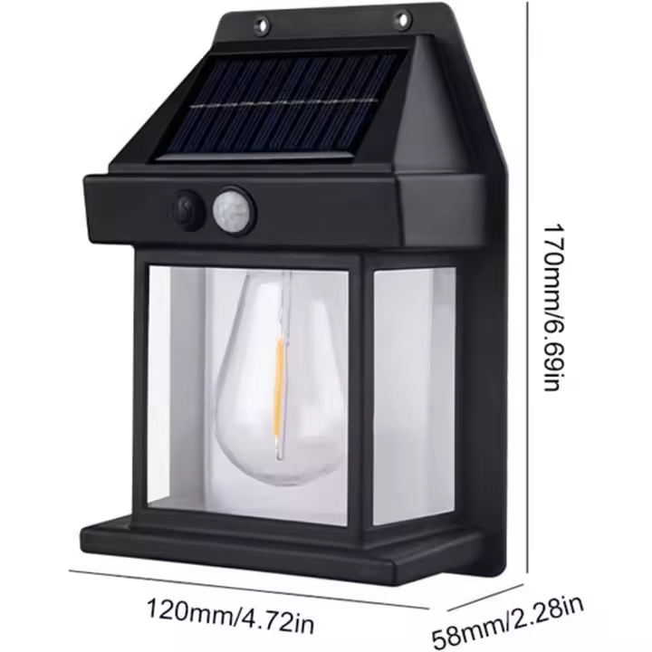 Luz solar de pared para exteriores, sensor de movimiento de salida y puesta del sol, luz de pared de tungsteno, luz nocturna para patio, luz LED de pared exterior, tres modos de iluminación, luz de seguridad para porche frontal exterior, decoración de par - 1
