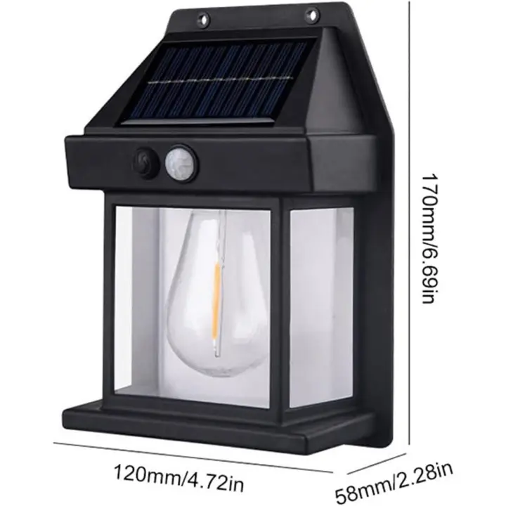 Luz solar de pared para exteriores, sensor de movimiento de salida y puesta del sol, luz de pared de tungsteno, luz nocturna para patio, luz LED de pared exterior, tres modos de iluminación, luz de seguridad para porche frontal exterior, decoración de par - 1