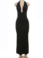 Vestido Maxi Sin Mangas Para Mujer Kliou Halter V-Neck Profundo Sheath Sexy De Suelta Vestidos De Vacaciones Largo Hasta La Rodilla Polyester Spandex - details 1