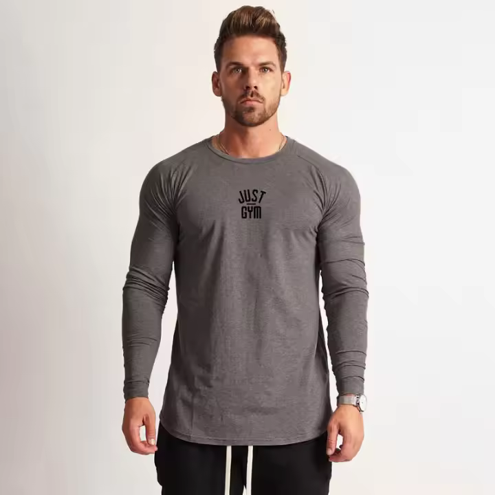 Camiseta Deportiva de Algodón con Estampado de Letra Cuello Redondo, Manga Larga, Fitness de Otoño-Invierno para Hombres - 1