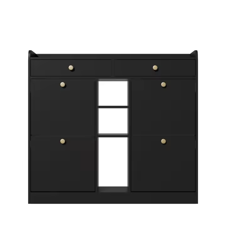 Zapatero Negro Mate Moderno | 4 Puertas Batientes + 2 Cajones + 3 Estantes Abridos| Organización Multinivel | Diseño Compacto 110x26x100 cm | Ideal para Pasillos, Entradas y Espacios Pequeños | Estilo Minimalist Elegant - 1