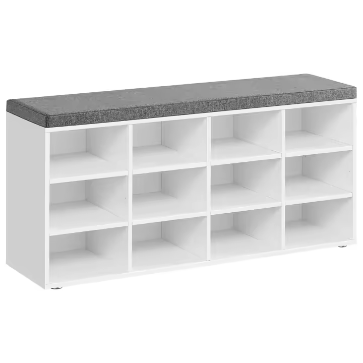 VASAGLE Banco Zapatero, Zapatero con Asiento, con Cojín y 12 Compartimientos, Estantes Ajustables, para Entrada, Sala de Estar, 30,3 x 104 x 48 cm, Blanco Clásico/Marrón Rústico/Marrón Camello/Beige Natural - 1
