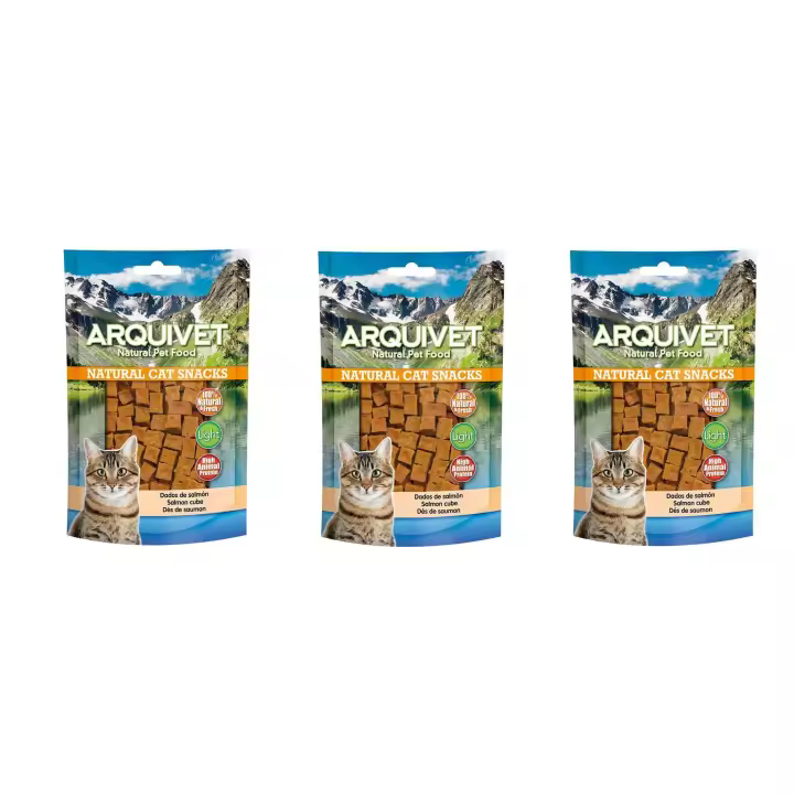 Snacks para gatos Dados de salmón 50 gr - 100% naturales - Alimento complementario para felinos (Pack de 3 Unidades ) Arquivet - 1