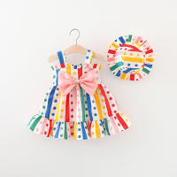Vestido De Verano Para Bebé Niña Con Estampado De Rayas Y Puntos Y Sombrero Visera Vestido De Princesa Casual Algodón Poliéster Talla A-Line Longitud De Pierna - details 0