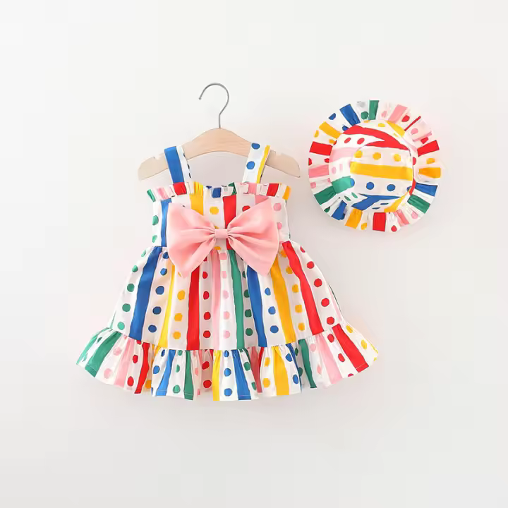 Vestido De Verano Para Bebé Niña Con Estampado De Rayas Y Puntos Y Sombrero Visera Vestido De Princesa Casual Algodón Poliéster Talla A-Line Longitud De Pierna - 1