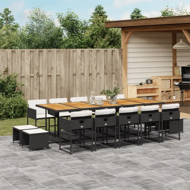 vidaXL Set comedor de jardín con cojines 15 pzas ratán sintético negro - 1