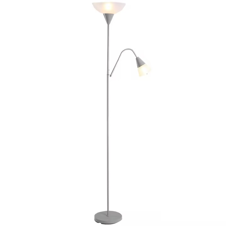 HOMCOM Lámpara de Pie Moderna 2 Cabezas Luz de Lectura Regulable, Lámpara de Pie, Diseño de Doble Cabezal con Base de Acero, Plata, Blanco, 28 x 28 x 179,5 cm - 1