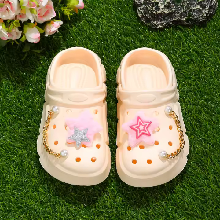 Zapatillas De Plush Rosa Y Plateado Con Estrellas Para Niñas Plataforma Suave Cierre EVA Zapatos Para Jardín Y Playa Transpirables Para Todas Las Estaciones - 1