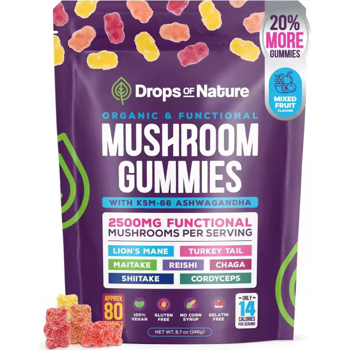 Suplemento en gomitas de Ashwagandha y Hongo Melena de León-Orgánico-Reishi, Cordyceps, Cola de pavo, Maitake, Shitake, Chaga - Defensa inmunológica, mejor el rendimiento cognitive, Vegan, Bajo en carbohitidos - 1