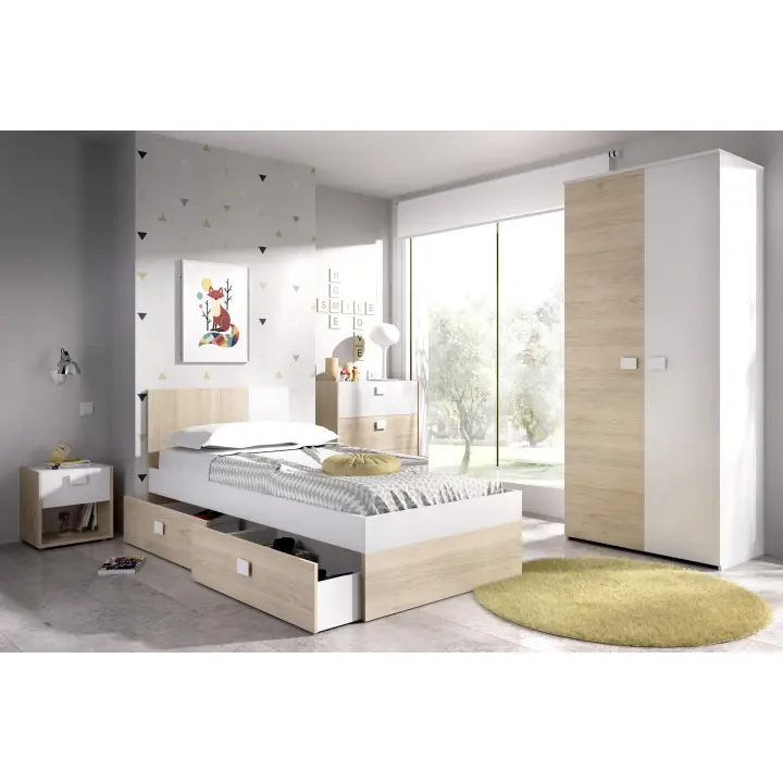 DEKIT GRUPO RIMOBEL DINA PACK - CONJUNTO DE CAMA 190X90 CON 2 CAJONES, MESITA DE NOCHE, COMODA DE 3 CAJONES Y ARMARIO - NATURAL / BLANCO - 1