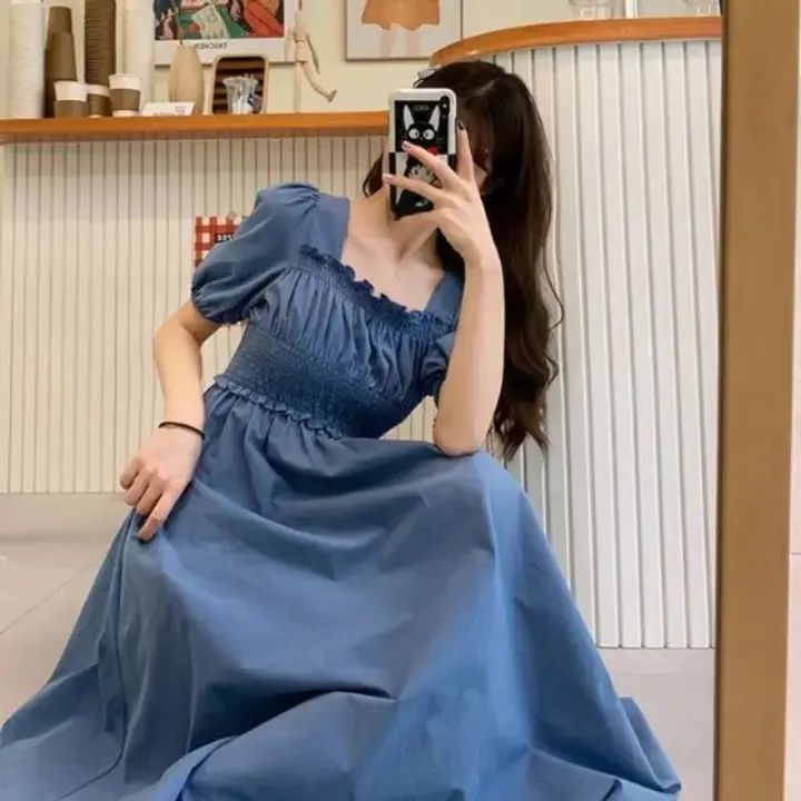 Vestido Midi Oscuro Vintage HOUZHOU Para Mujer Elegante Con Cuello Cuadrado Manga Flotante Sobredimensionado Casual De Verano - 1