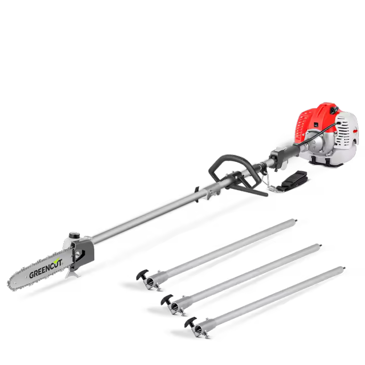 GREENCUT PP650X - Podadora de altura de gasolina de 56cc y 4,9cv, espada de 305mm y altura maxima de 5m, con 3 barras extensibles - 1