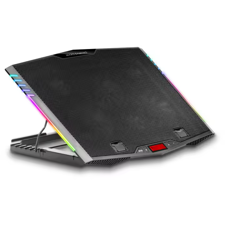 Mars Gaming MNBC5, Base Refrigeradora + Stand XL 19", Iluminación ARGB 7 modos, 6 Ventiladores Controlados Digitalmente, Smartphone Holder, Negro - 1