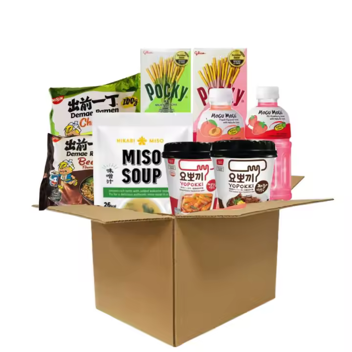 Caja de Finde, menú completo de sabor asiatico , sopa de miso, ramen de NISSIN, Yopokki pastel de arroz de Corea, POCKY, MOGU MOGU - 1