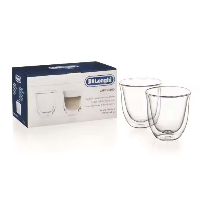 Delonghi - Juego de 2 Vasos Cappuccino de 190ml. Vasos de vidrio de doble pared resistentes al calor. Modelo DLSC311 - 1