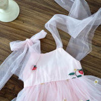 Vestido De Princesa Para Bebé Verano Con Manga Puff Y Gran Lazo Bordado De Fresa Falda Enredadera Para Niñas Ropa De Salir - details 10