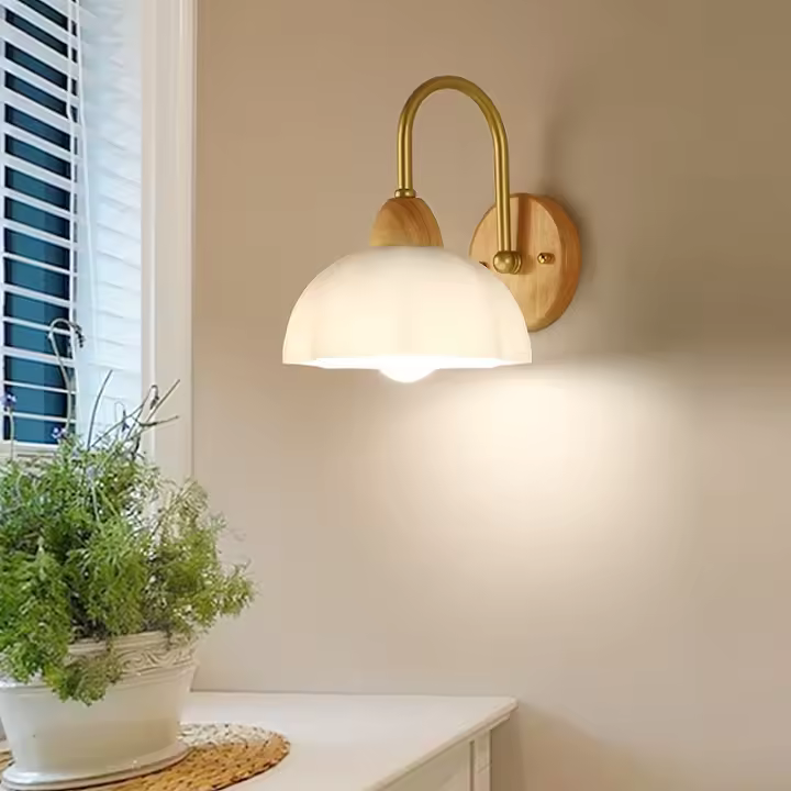 SOMY Aplique de Pared de Metal Moderno Aplique de Madera Decorativo E27 para Pasillo Pasillo Mesita de Noche Sala de Estudio con Elegante Pantalla de Vidrio Blanco,B Lámpara de Pared para Exteriores - 1