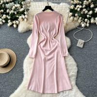 Vestido Rosa Francés De Estilo Simple Para Damas Con Cuello En V Manga Larga Sólido Suave Ajustado Casual De Otoño Vestido Largo De Hogar - details 4