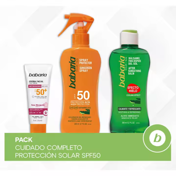 Babaria Pack Cuidado Completo Protección Solar SPF50: Crema Facial Antimanchas, Spray Protector Solar y Bálsamo After Sun Efecto Hielo para Hidratación, Protección y Frescura - 1