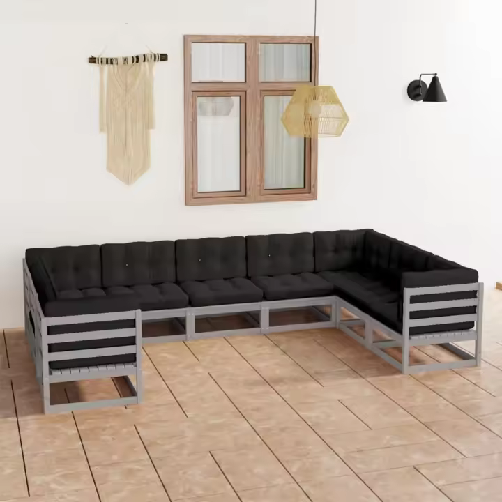 vidaXL Set de muebles de jardín 9 pzas con cojines madera pino gris - 1