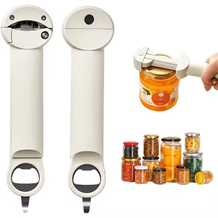 Abridor de tapas, abridor de frascos para manos débiles, abridor de botellas, retráctil, ajustable, abrelatas multifuncionales (blanco) - 1