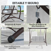 Outsunny Columpio de Jardín Exterior de 3 Plazas Balancín de Jardín Exterior Convertible en Cama con Toldo Ajustable Protección UPF30+ y Cojines Carga 330 kg 200x120x175 cm Gris Claro - details 3