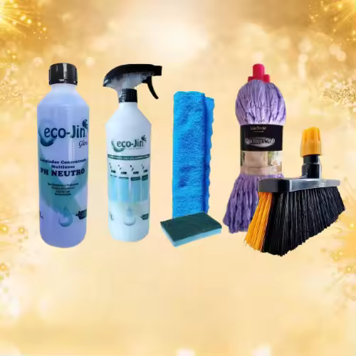PACK LIMPIEZA ECO-JIN MULTISUPERFICIES FORMADO POR ESCOBA MIXTA PARA INTERIORES Y EXTERIORES + AROMA A ELEGIR + FREGONA A ELEGIR + DIFUSOR + BAYETA Y ESTROPAJO CON ESPONJA - 1